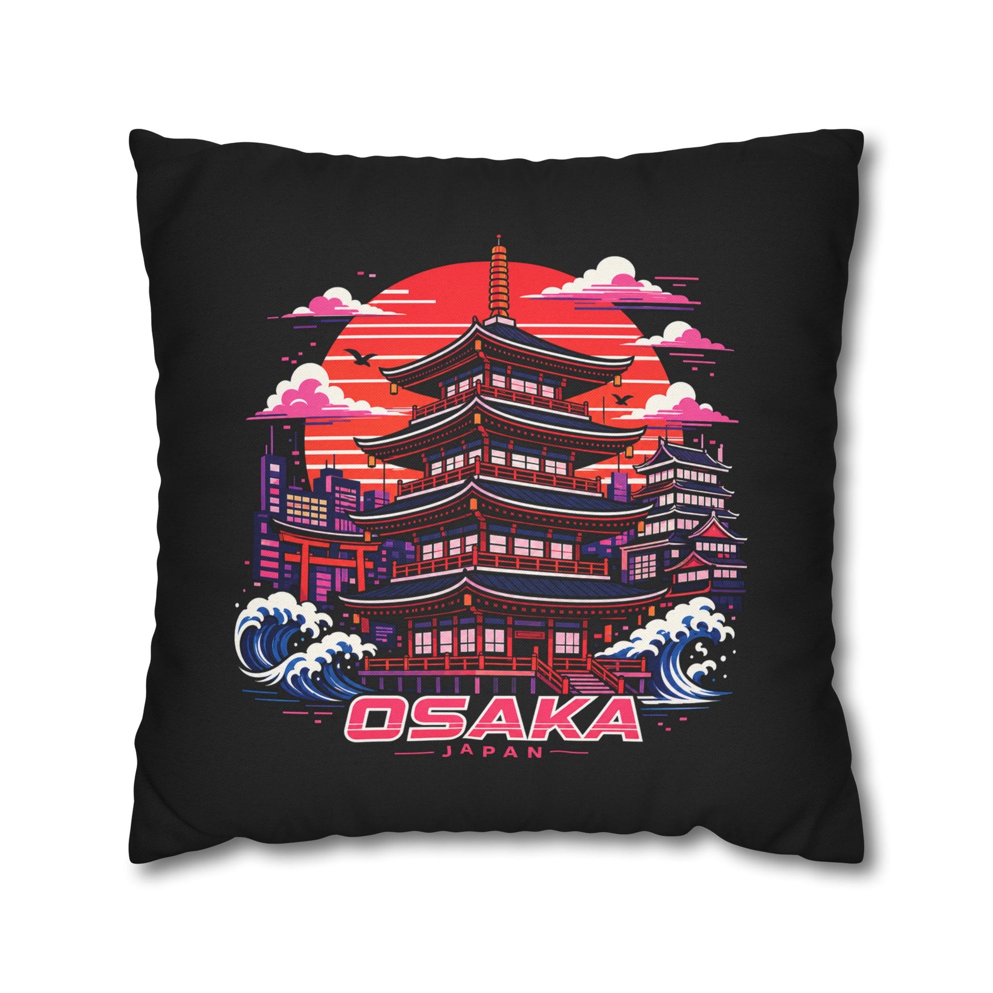 Black decor pillowcase with centered Osaka temple graphic, red sun, clouds, and waves