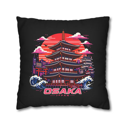 Black decor pillowcase with centered Osaka temple graphic, red sun, clouds, and waves