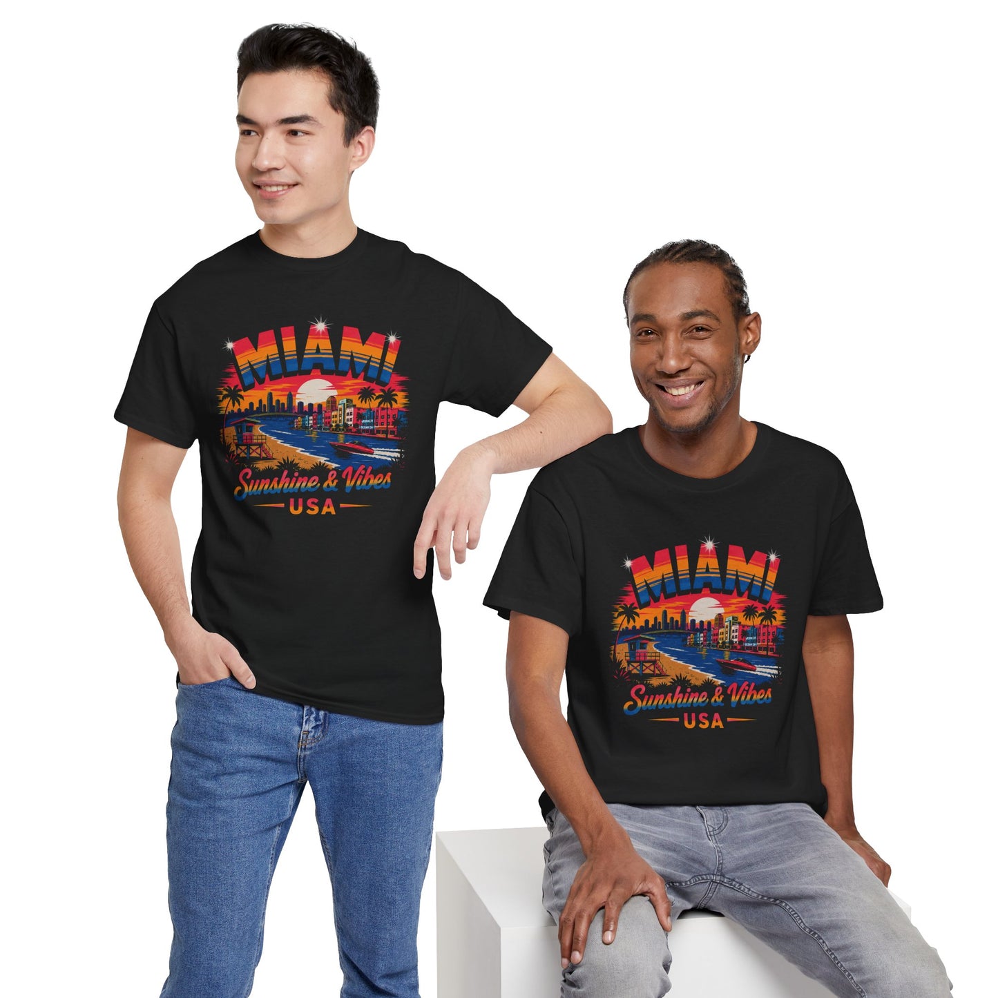 Black crewneck T-shirt on two men, featuring Miami street graphic and “Sunshine & Vibes USA”