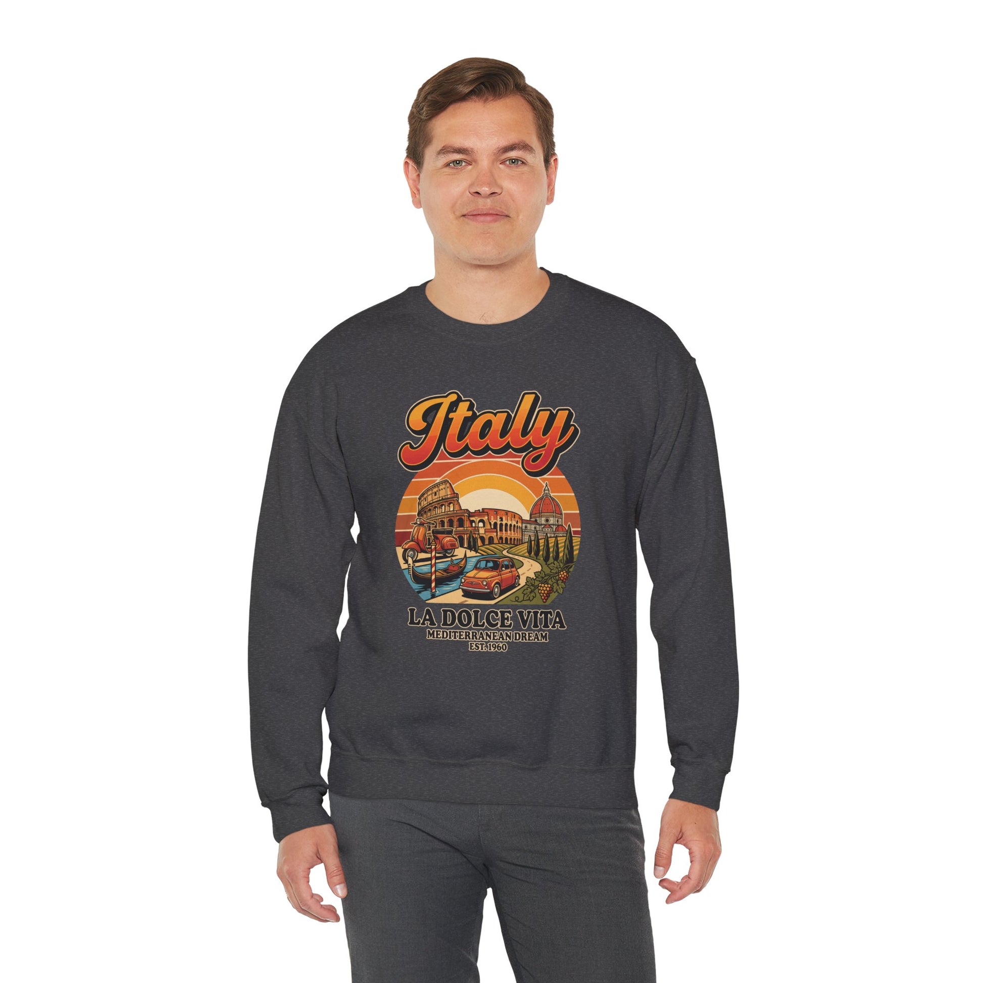 Dark heather crewneck sweatshirt with front “Italy La Dolce Vita” graphic print