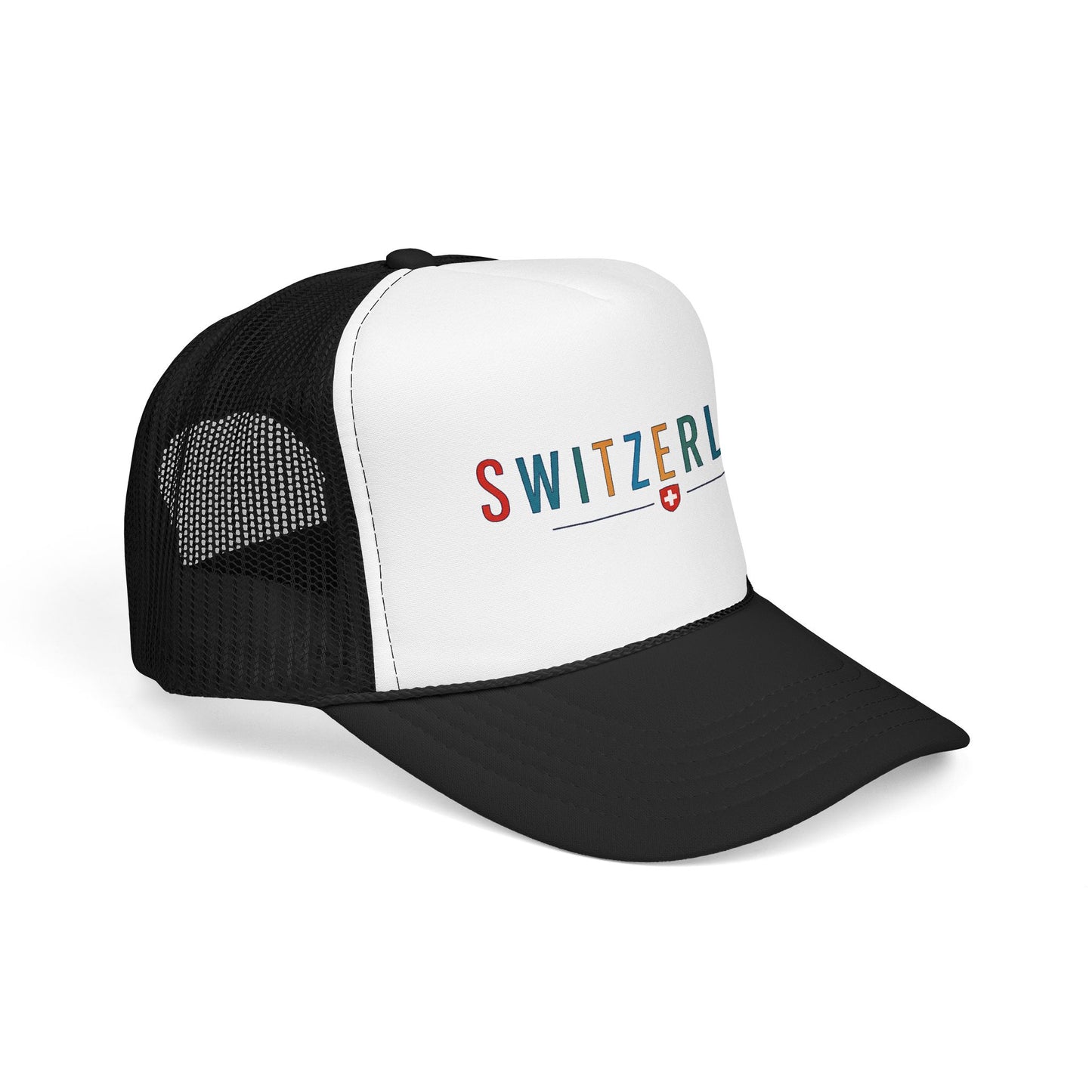 Two-tone black and white foam trucker cap with SWITZERLAND logo on the front
