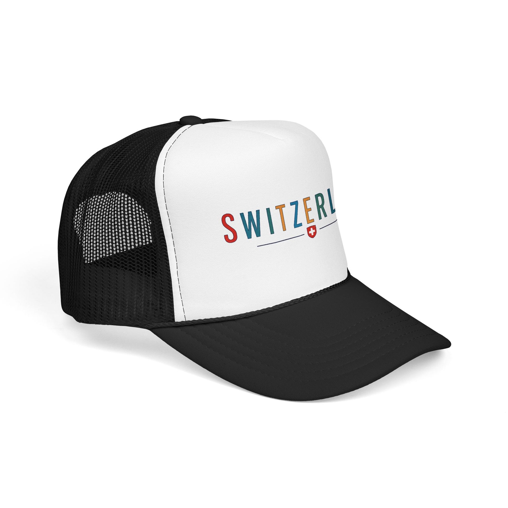 Two-tone black and white foam trucker cap with SWITZERLAND logo on the front