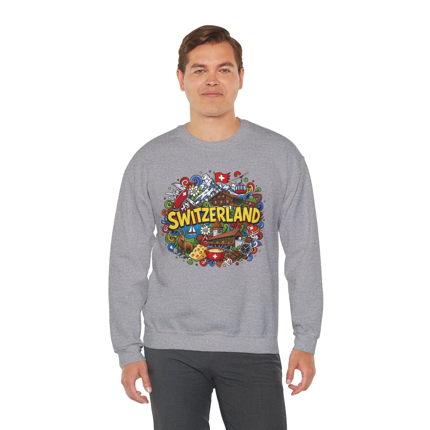 Heather gray crewneck sweatshirt with colorful Switzerland graphic on the chest.