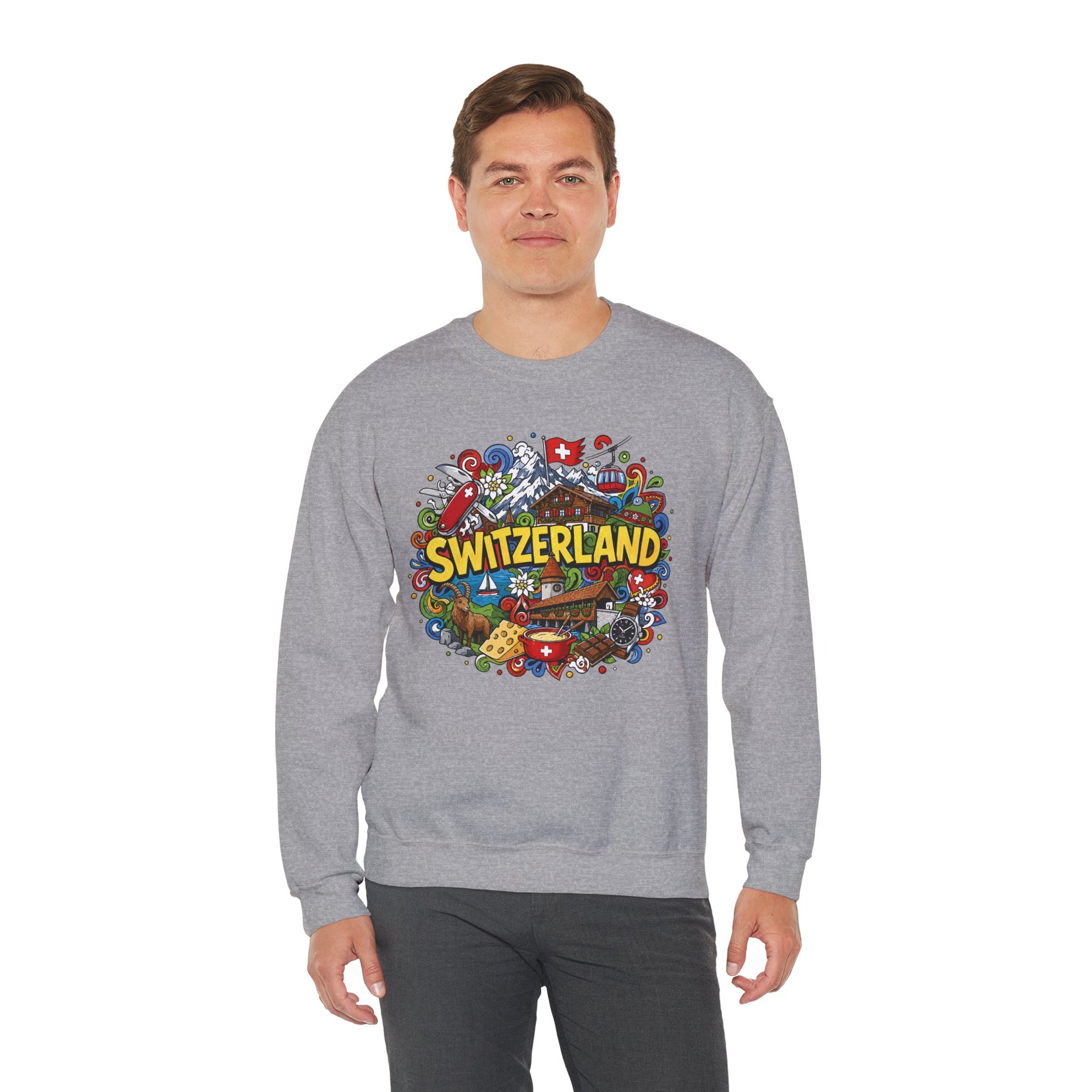 Heather gray crewneck sweatshirt with colorful Switzerland graphic on the chest.