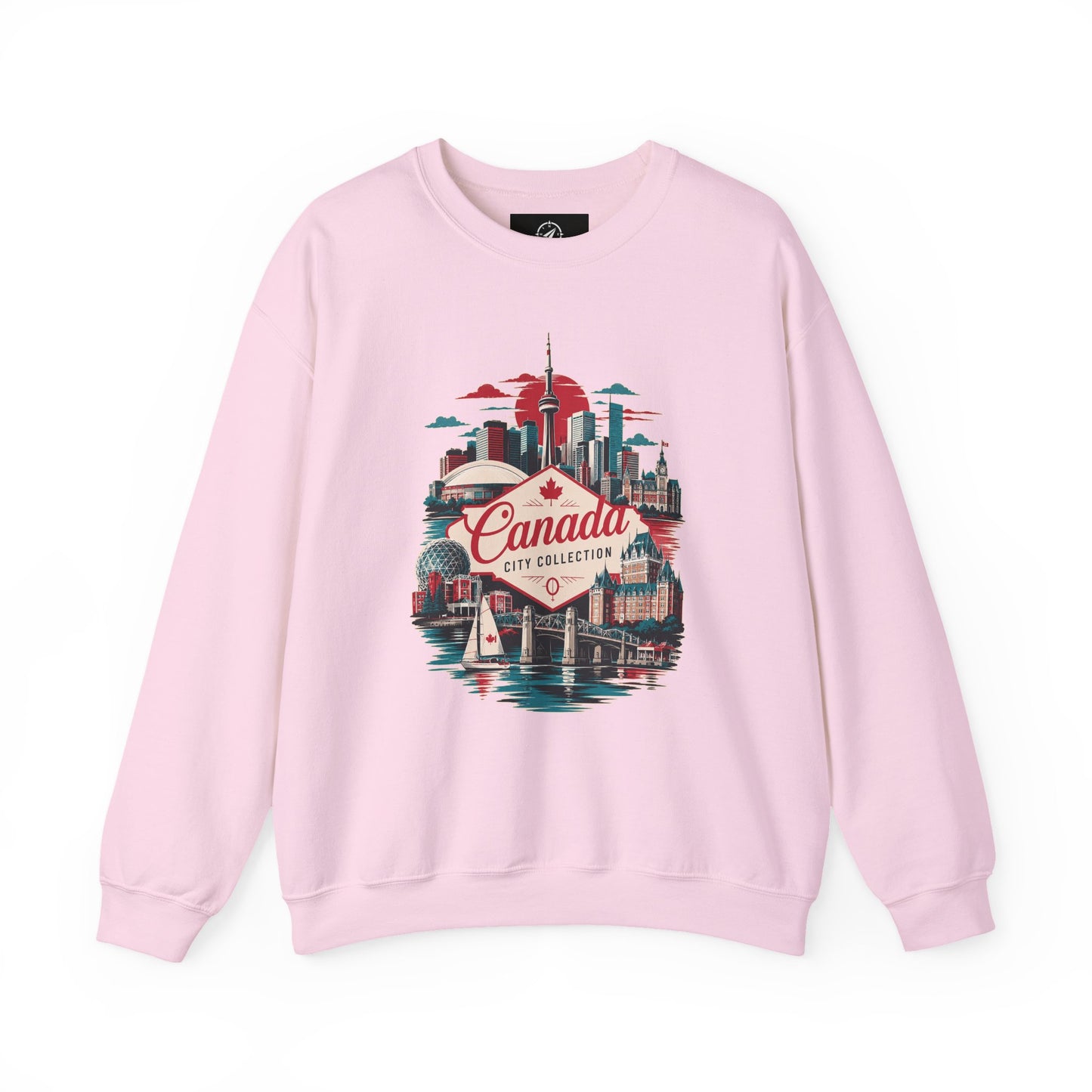 Crewneck sweatshirt in light pink with colorful Canada skyline graphic on front