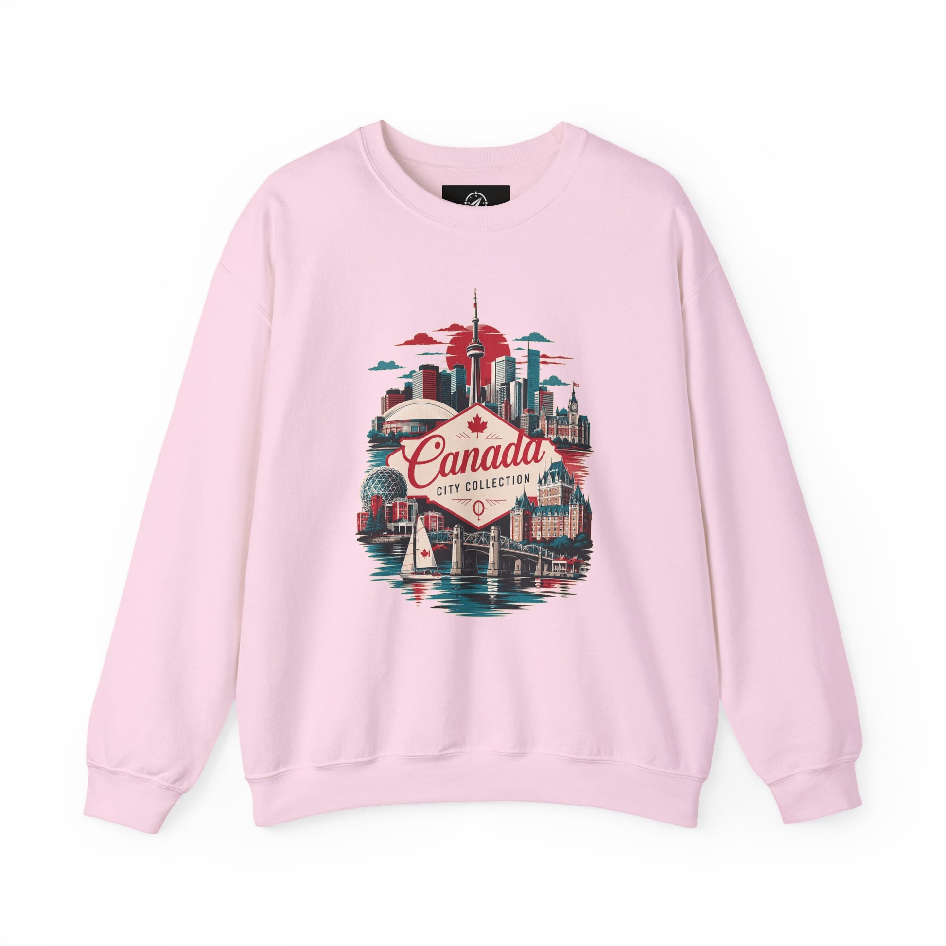 Crewneck sweatshirt in light pink with colorful Canada skyline graphic on front