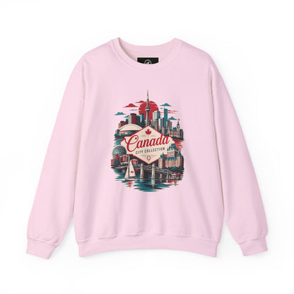 Crewneck sweatshirt in light pink with colorful Canada skyline graphic on front
