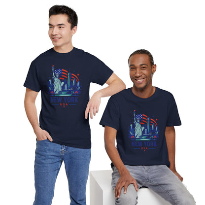 Navy crewneck T-shirt with Statue of Liberty and 'NEW YORK USA' graphic (front)