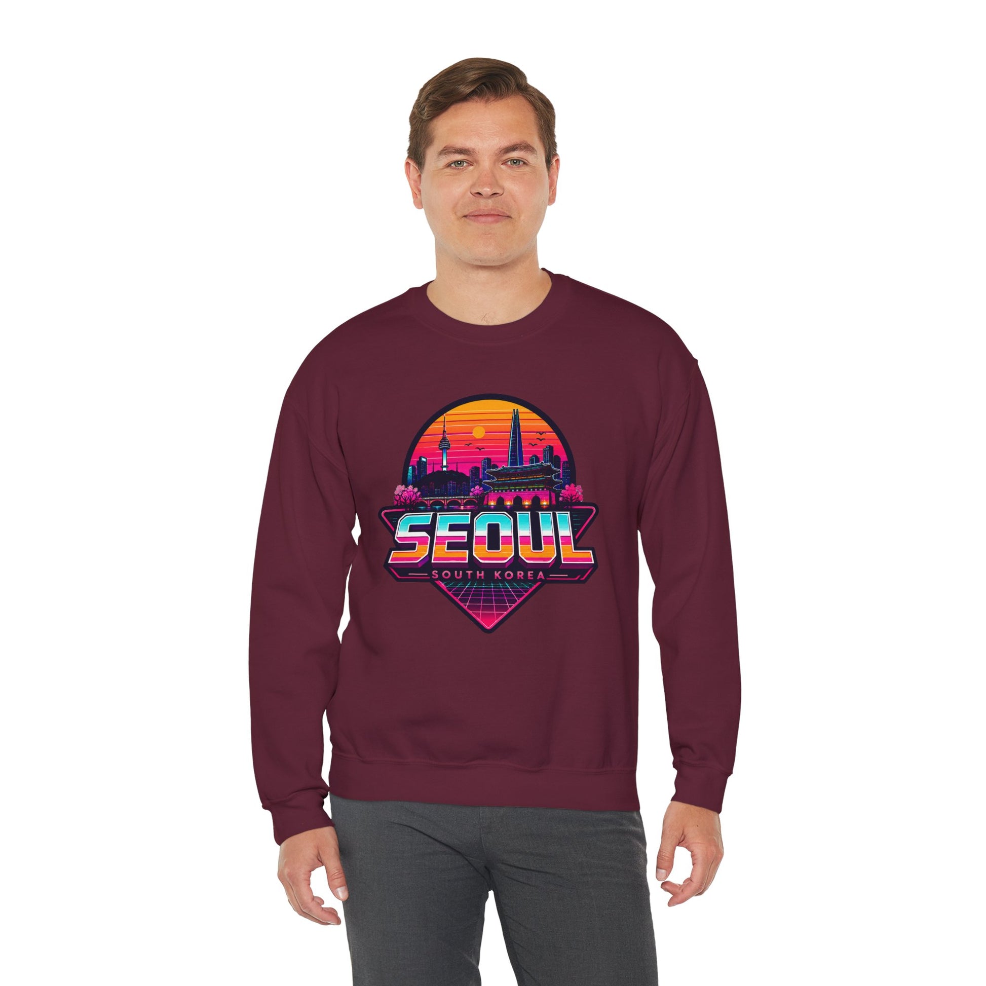 Maroon crewneck sweatshirt with Seoul skyline graphic, ribbed crew neck