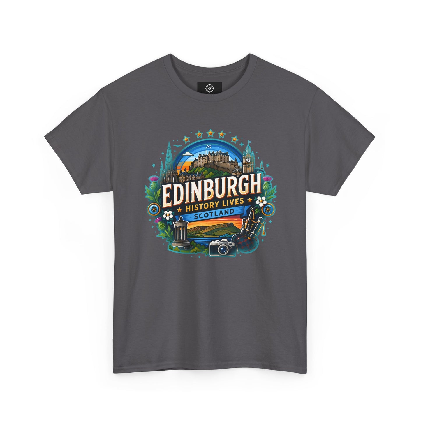 Charcoal gray travel T-shirt with colorful circular Edinburgh graphic on the chest