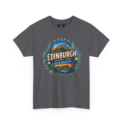 Charcoal gray travel T-shirt with colorful circular Edinburgh graphic on the chest