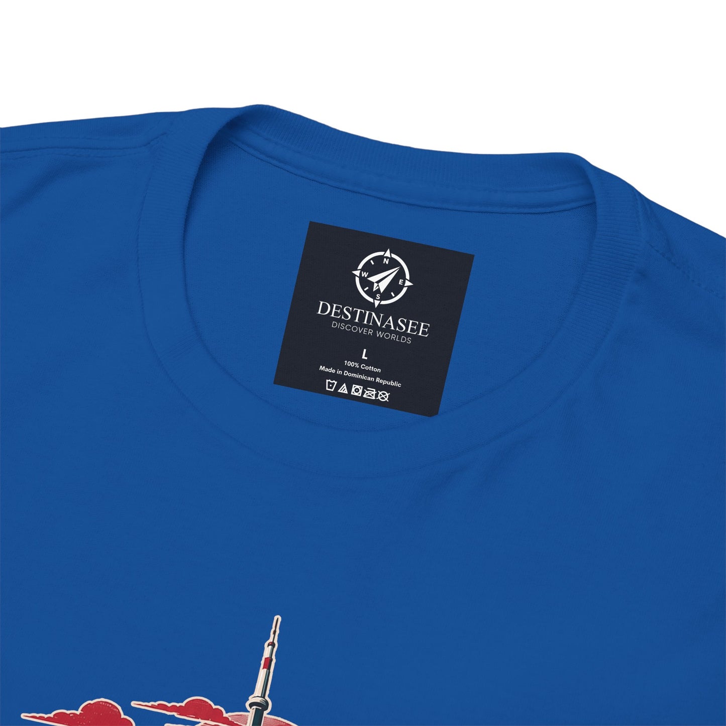 Blue crewneck T-shirt with black neck label and partial Canada skyline graphic