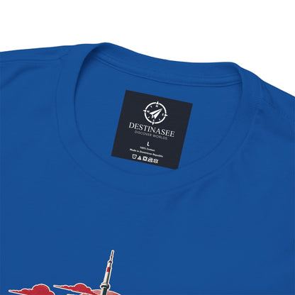 Blue crewneck T-shirt with black neck label and partial Canada skyline graphic