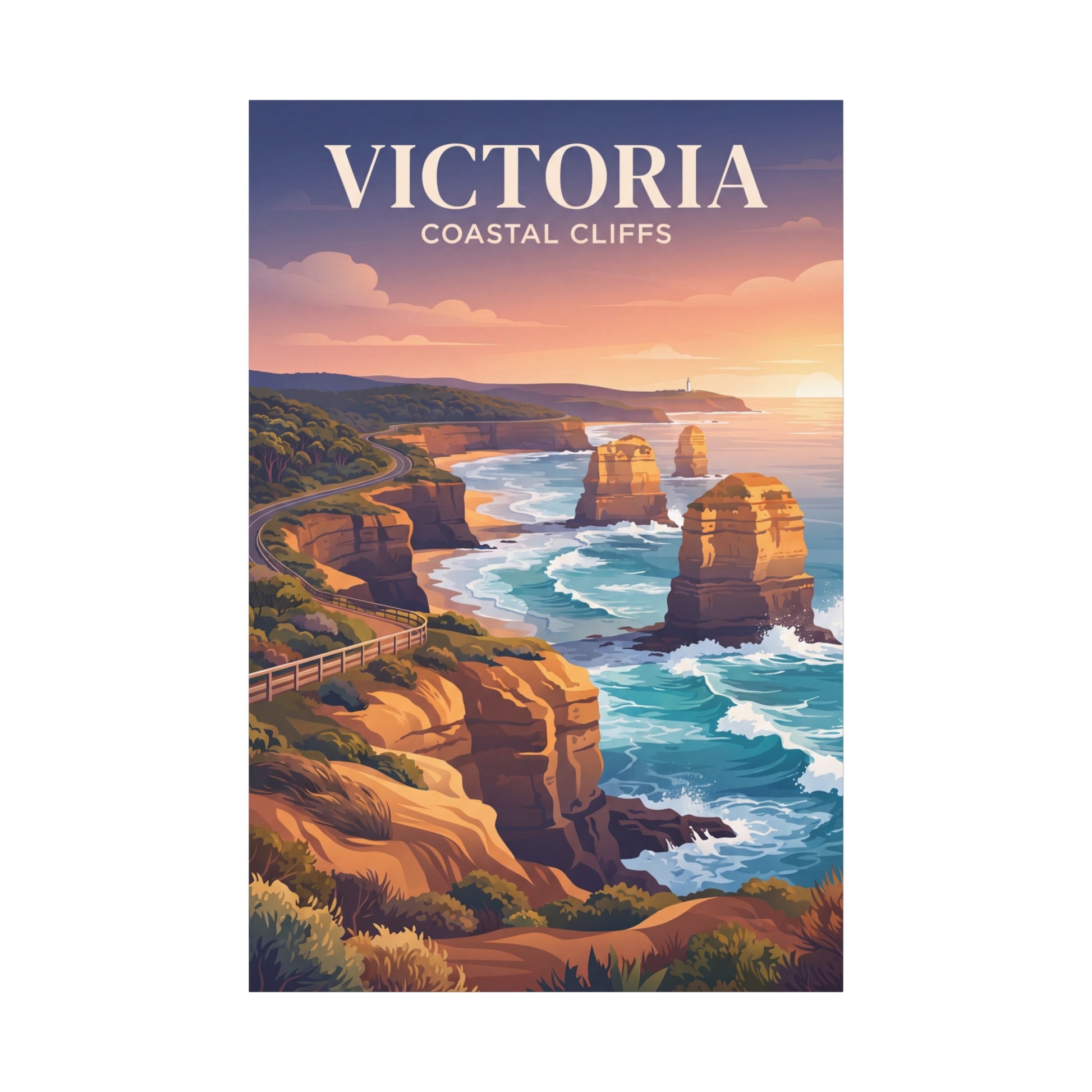 Matte canvas wall art of Victoria coastal cliffs with ocean waves and cliffs
