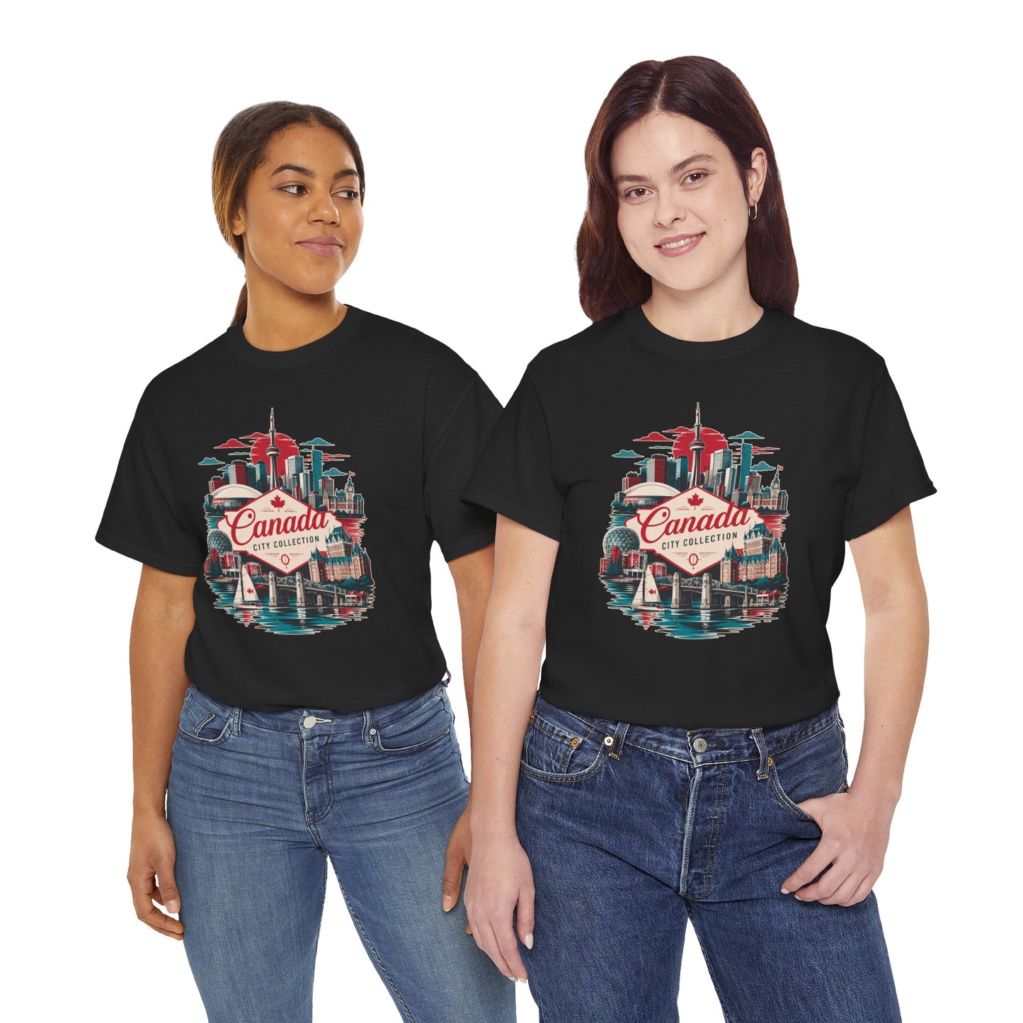 Black T-shirt with colorful Canada skyline and script Canada logo graphic