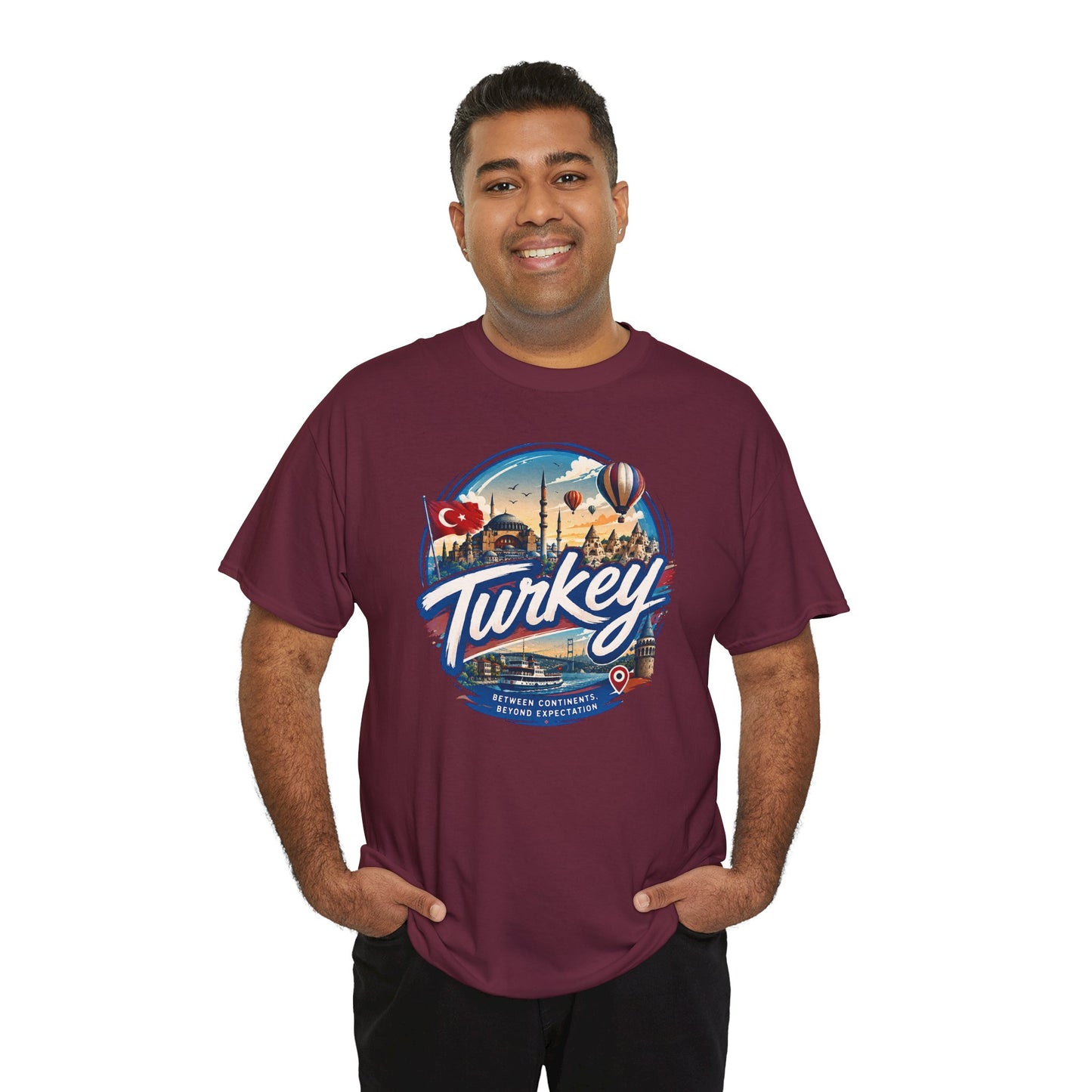 Maroon travel T-shirt featuring a large circular Turkey graphic on the front