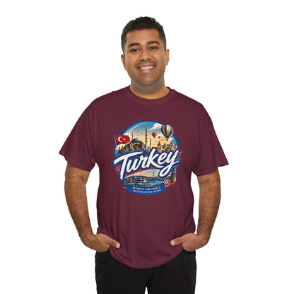 Maroon travel T-shirt featuring a large circular Turkey graphic on the front