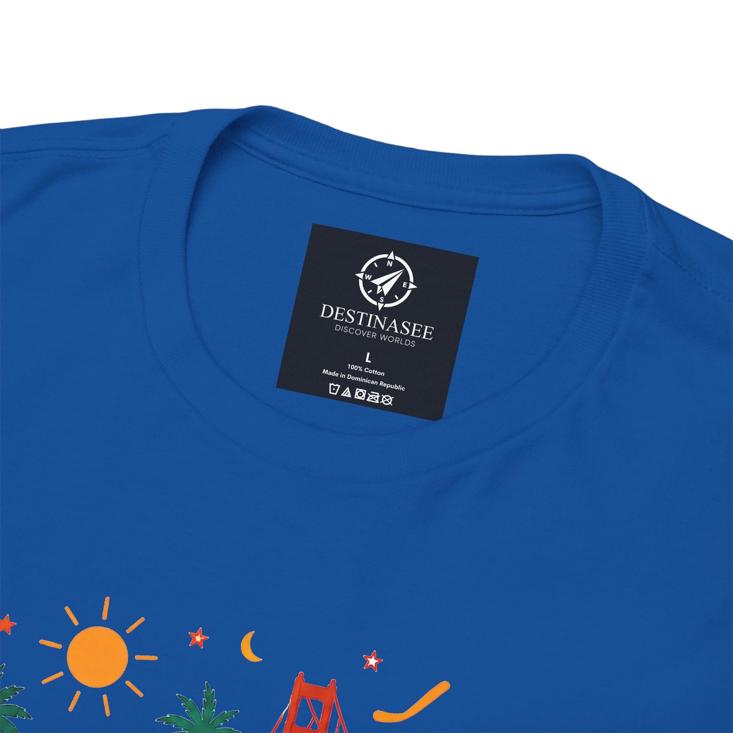 Blue short-sleeve T-shirt with small square chest logo