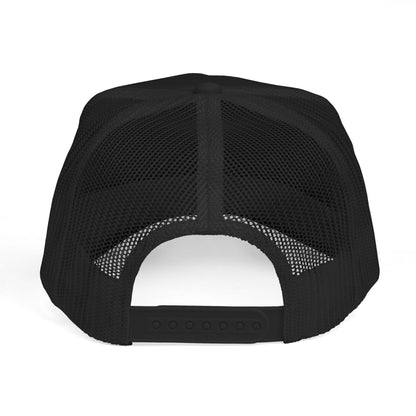 Black mesh back trucker hat with snapback adjuster and curved brim
