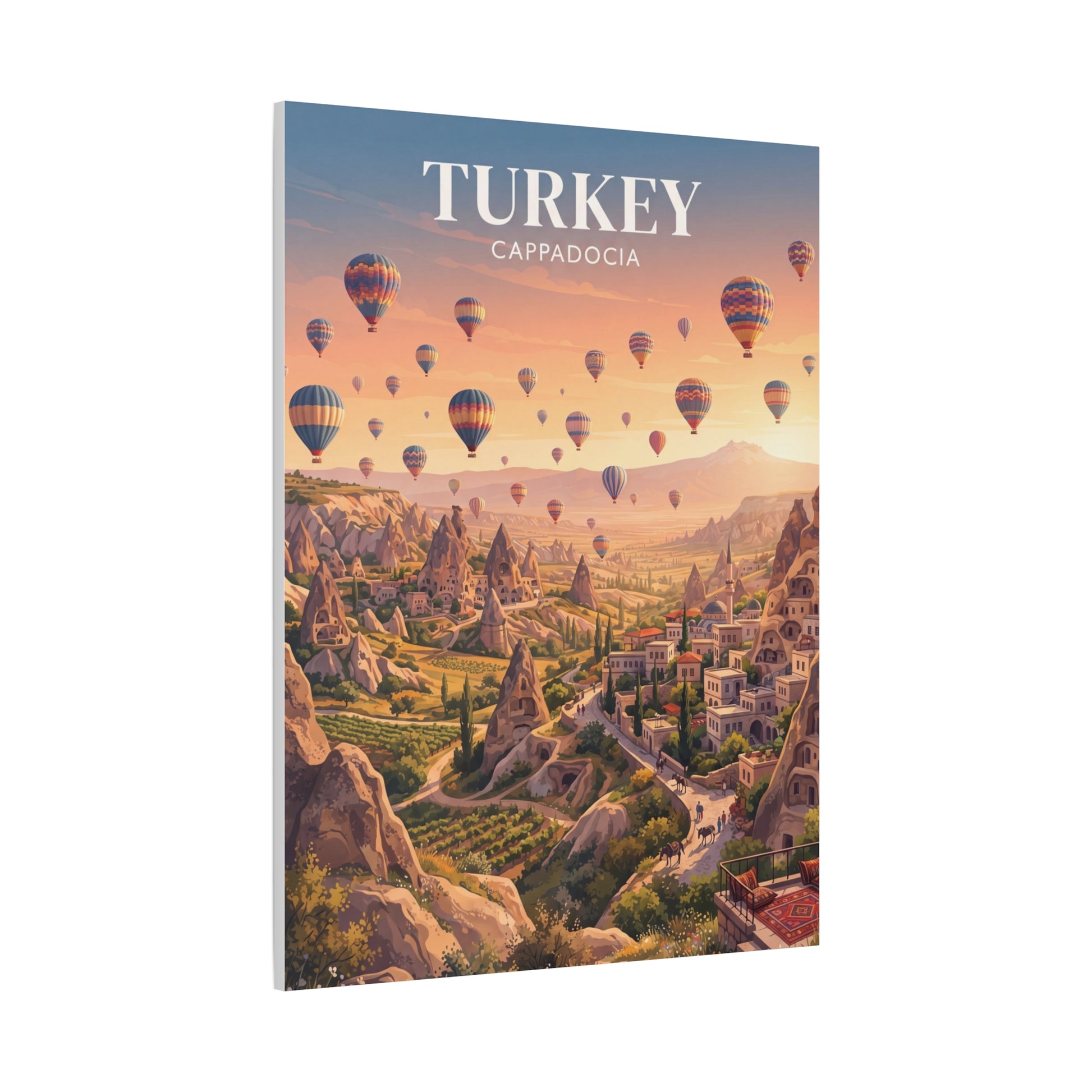 Matte canvas wall art of hot air balloons over Cappadocia landscape, 'TURKEY' wordmark.