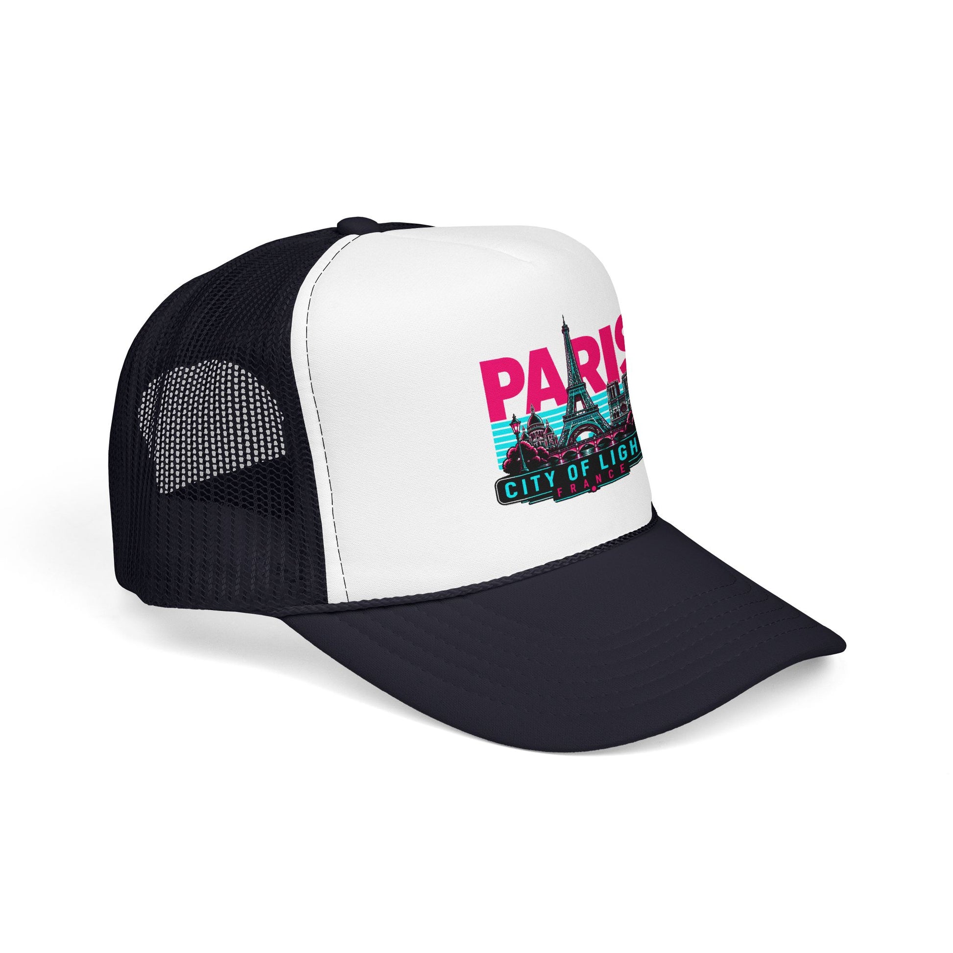 White front and black mesh trucker hat with “PARIS City of Lights” front graphic.