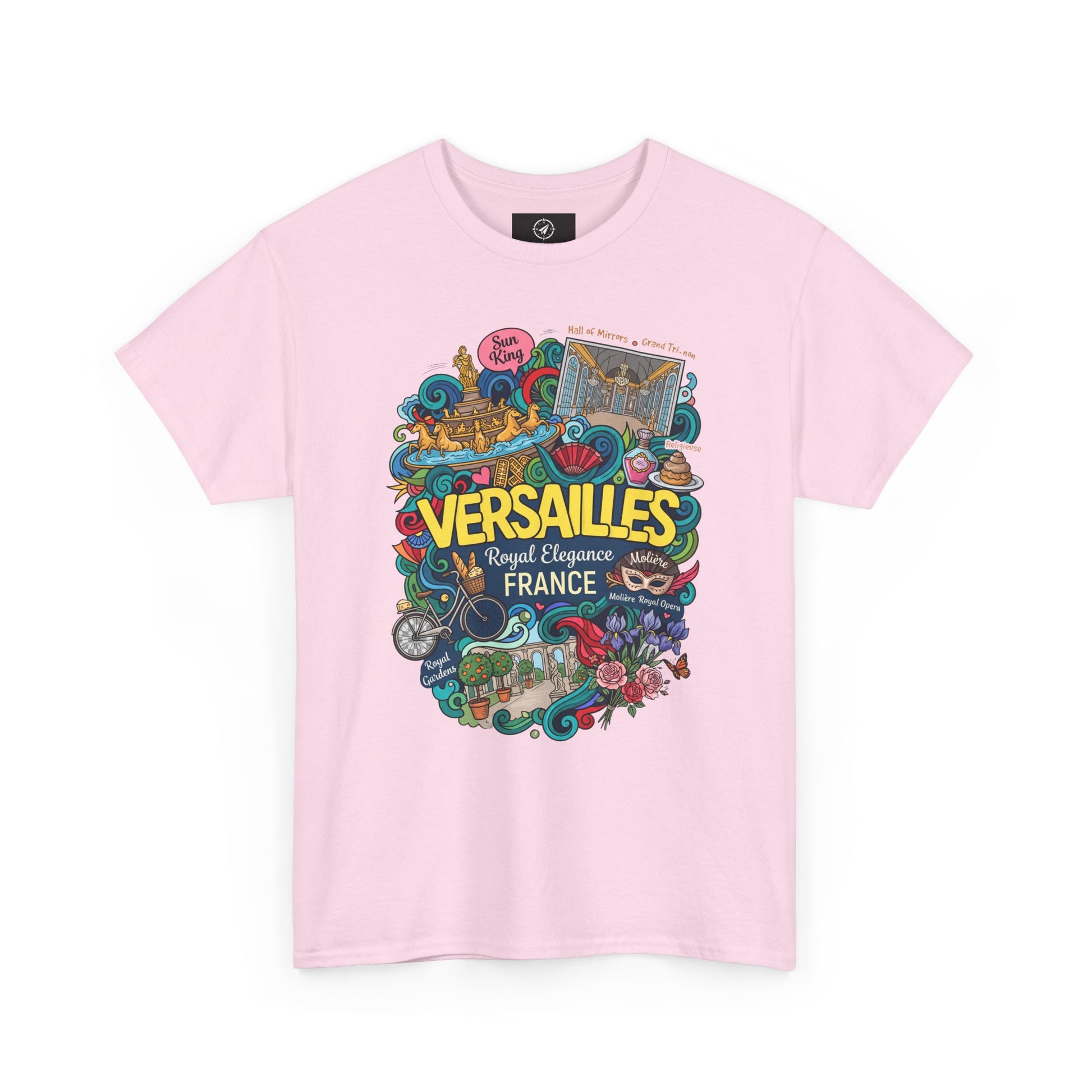 Light pink crew-neck short-sleeve T-shirt with colorful Versailles France graphic.