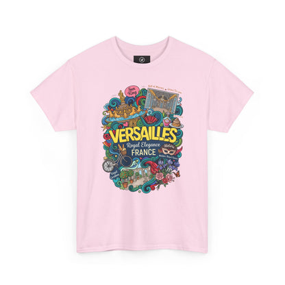Light pink crew-neck short-sleeve T-shirt with colorful Versailles France graphic.
