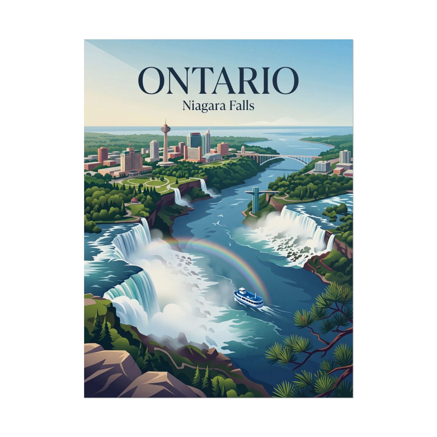Ontario Niagara Falls poster, centered print showing city skyline, river bend, and waterfalls