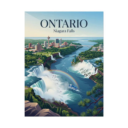 Ontario Niagara Falls poster, centered print showing city skyline, river bend, and waterfalls