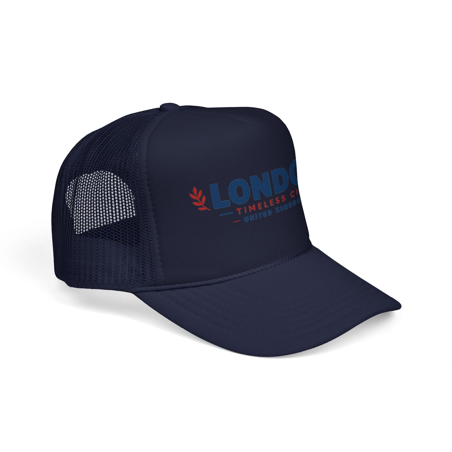 Foam trucker hat with dark navy front, navy mesh panel, and embroidered London logo.