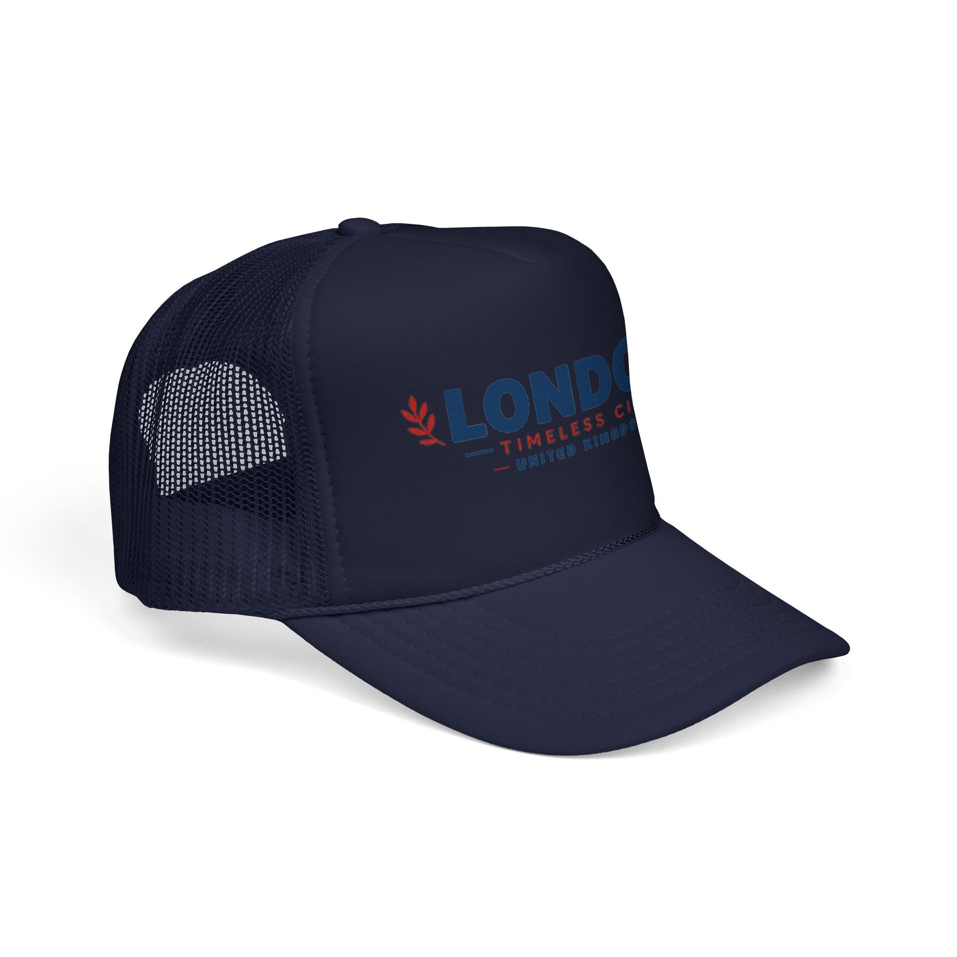 Foam trucker hat with dark navy front, navy mesh panel, and embroidered London logo.