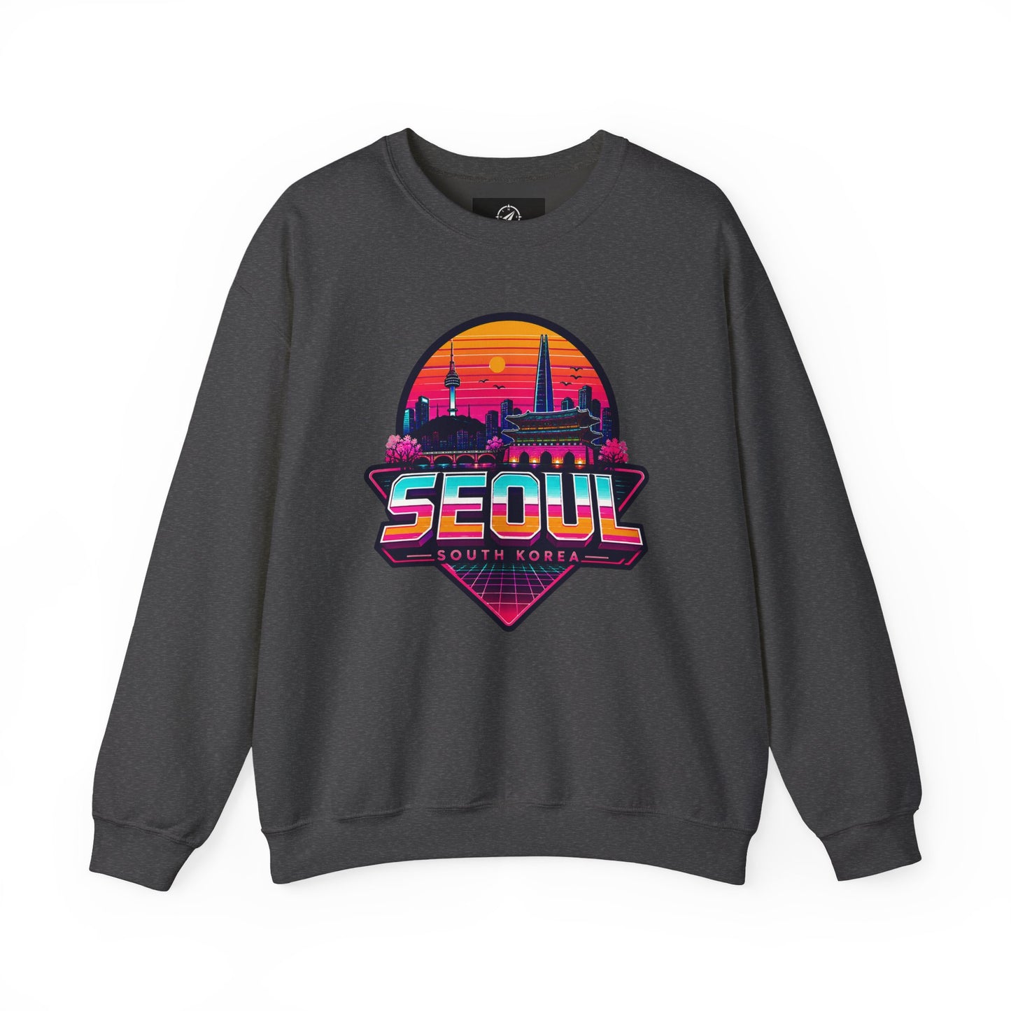 Dark heather crewneck sweatshirt with multicolor Seoul city graphic