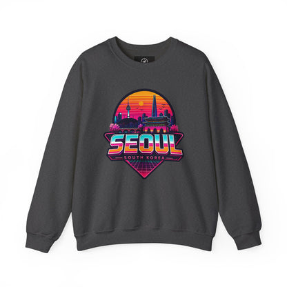 Dark heather crewneck sweatshirt with multicolor Seoul city graphic