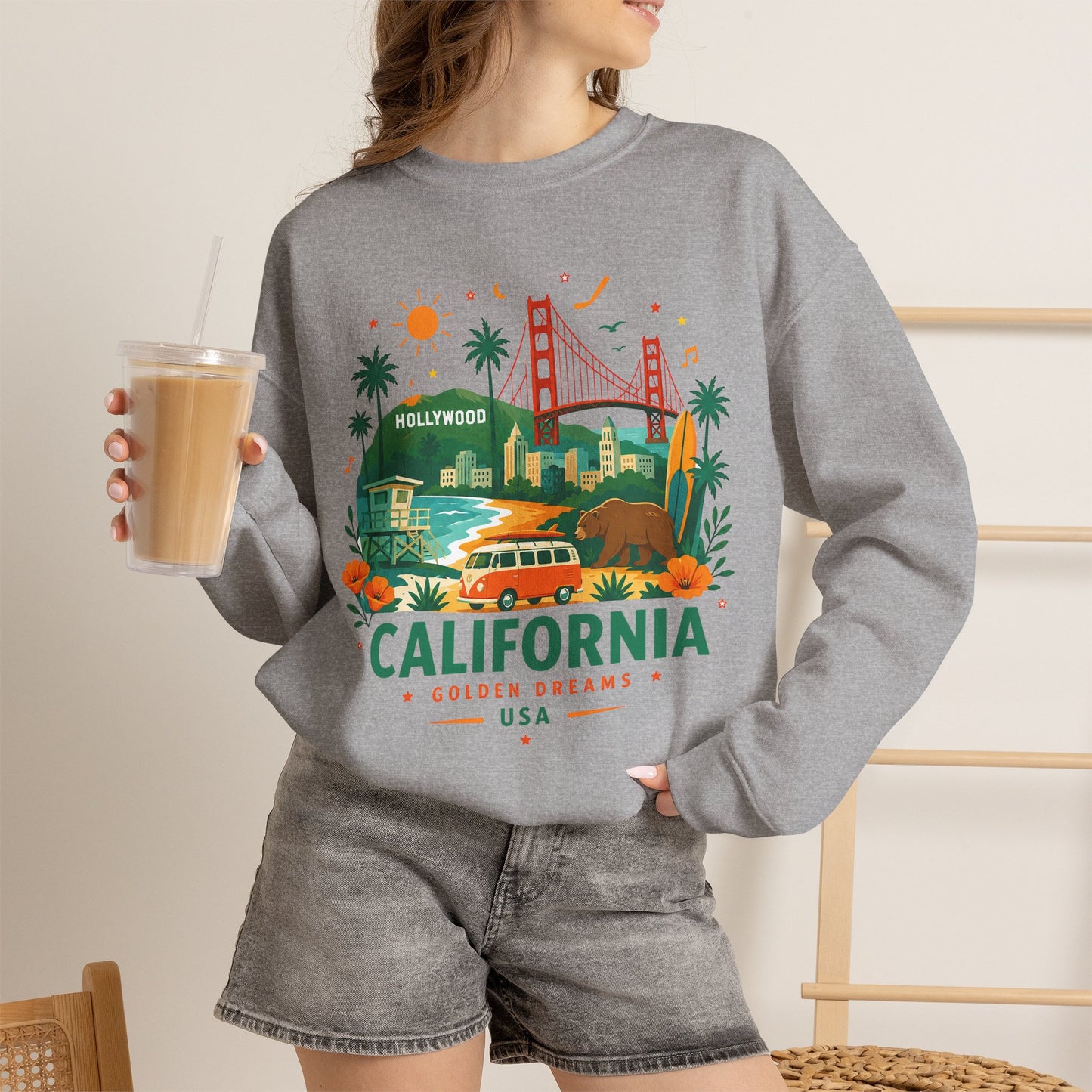 Heather gray crewneck sweatshirt with California graphic front, worn with denim shorts