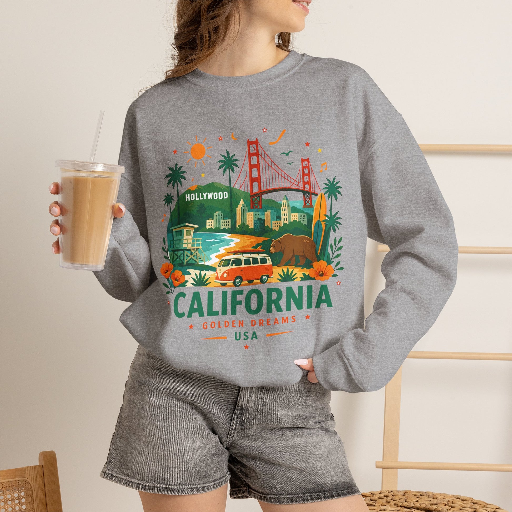 Heather gray crewneck sweatshirt with California graphic front, worn with denim shorts