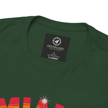 Forest green T-shirt neckline with small logo label patch and partial graphic at hem