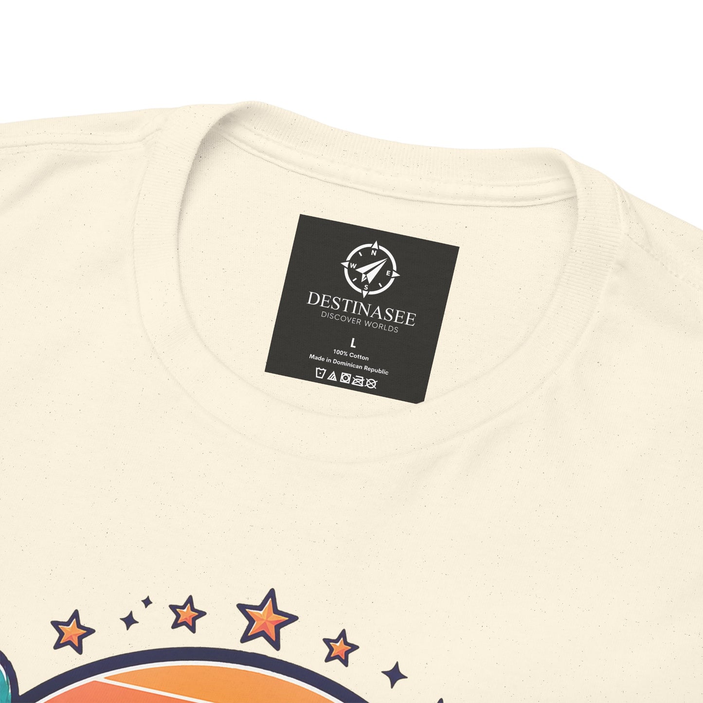 Cream T-shirt back neckline shows black brand tag and colorful star graphic