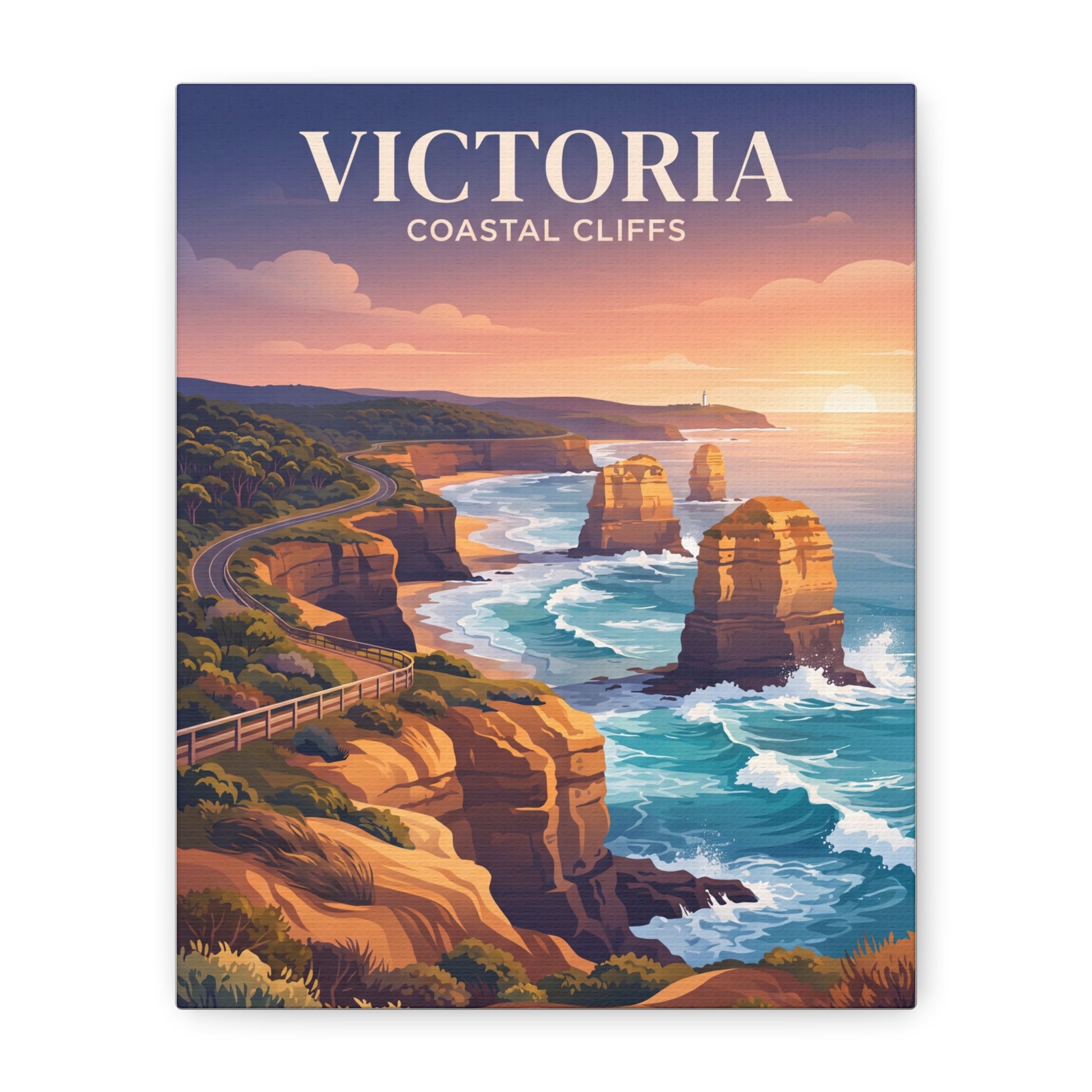 Vertical canvas wall art with coastal cliffs, ocean surf, and a winding path by the shore.