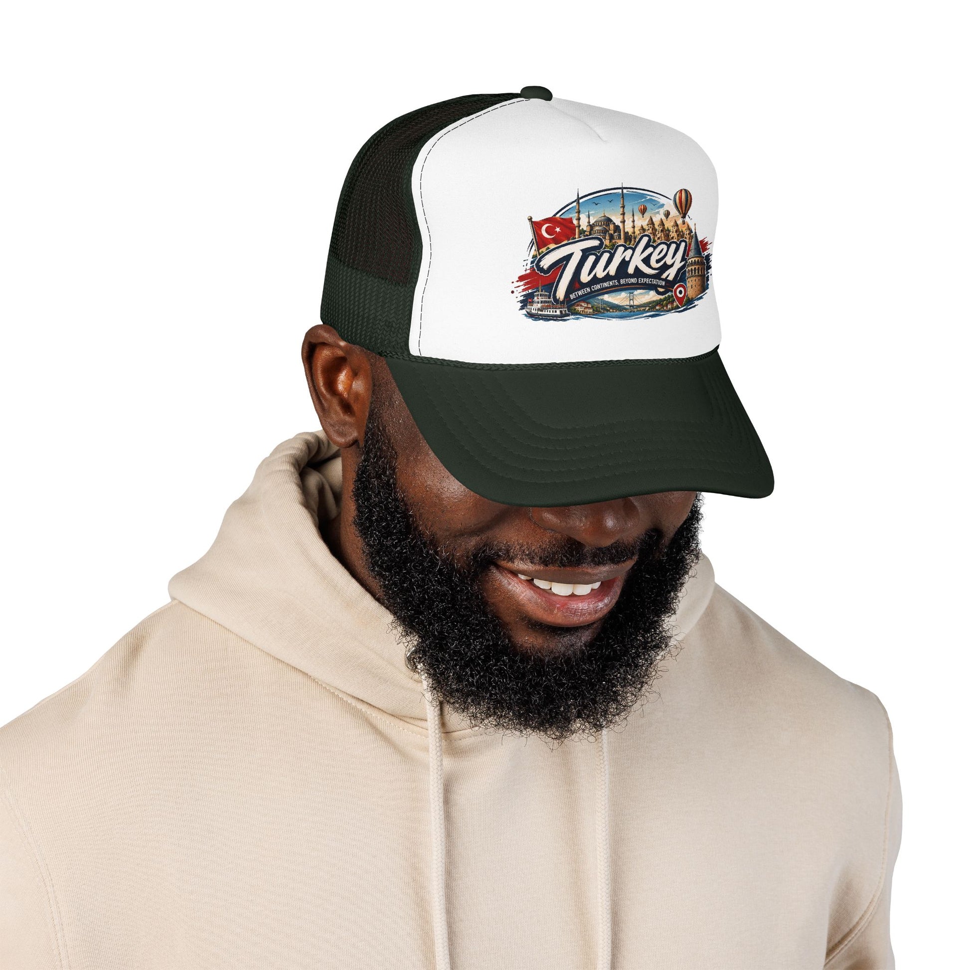 Turkey travel trucker hat with white front, dark green mesh sides, worn by a man
