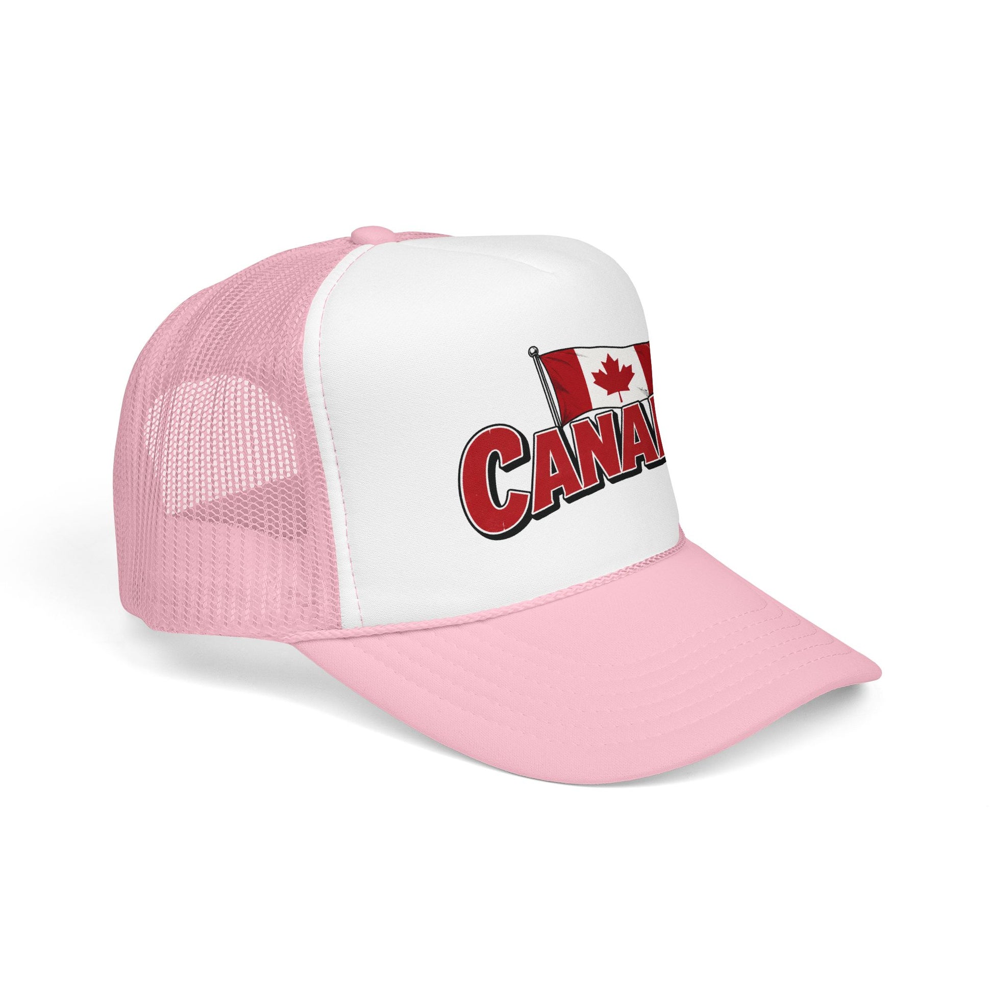 Light pink and white trucker hat with Canada flag logo patch on front