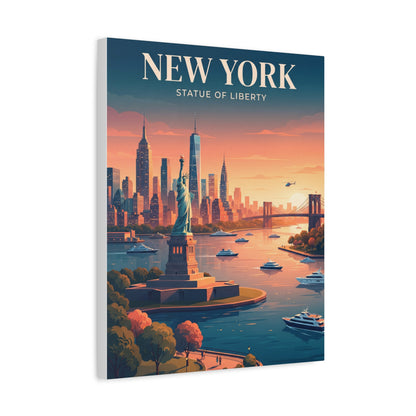 Portrait canvas wall art with Statue of Liberty, boats, and city skyline at sunset