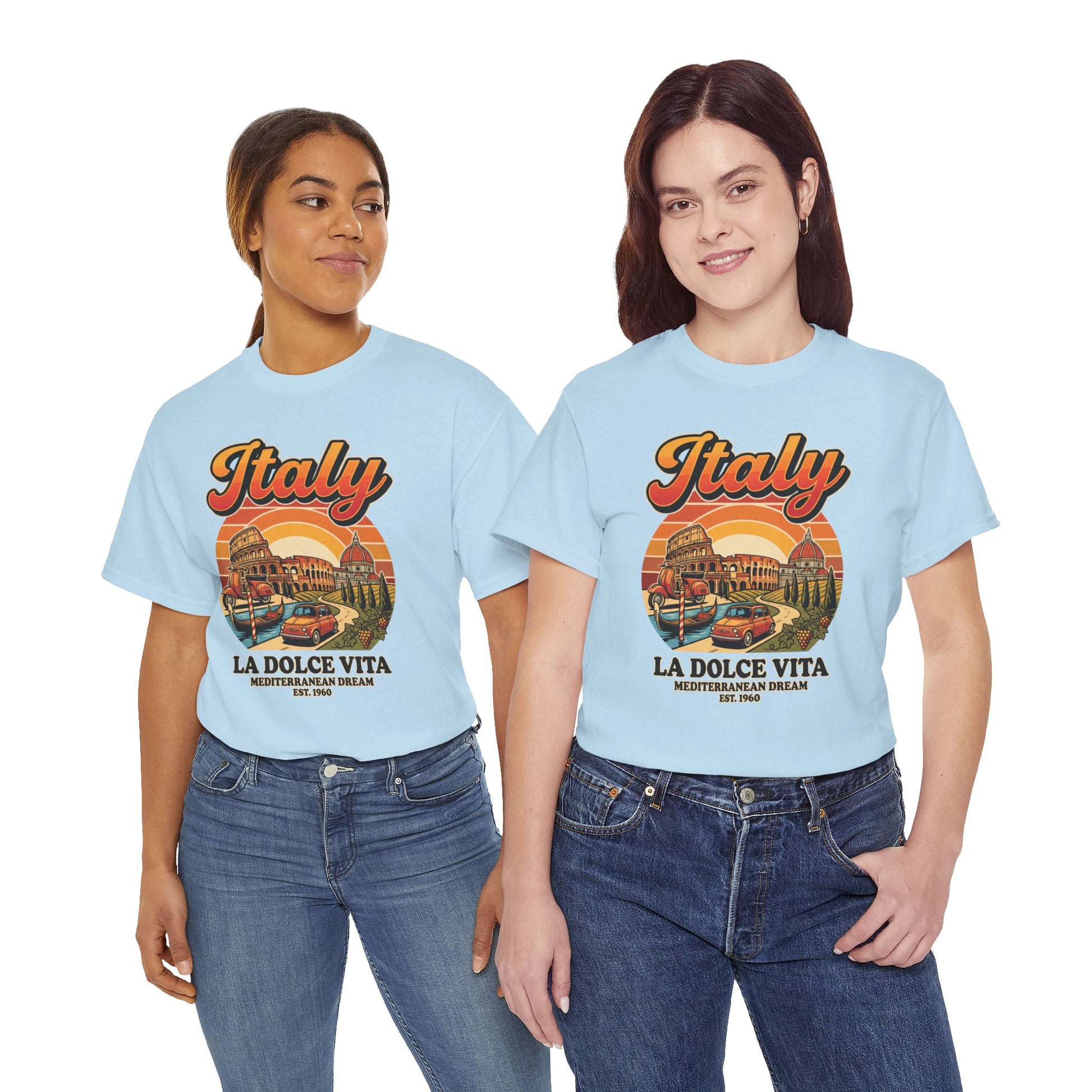 Light blue T-shirt with front Italy and La Dolce Vita graphic, crew neck, short sleeves