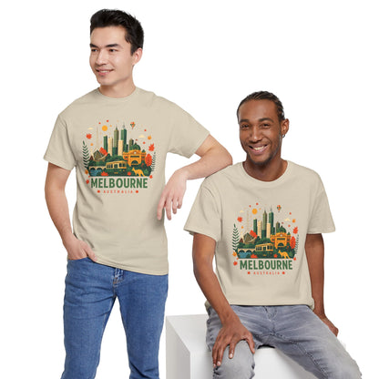 Beige T-shirt with Melbourne skyline print and seasonal foliage around the design