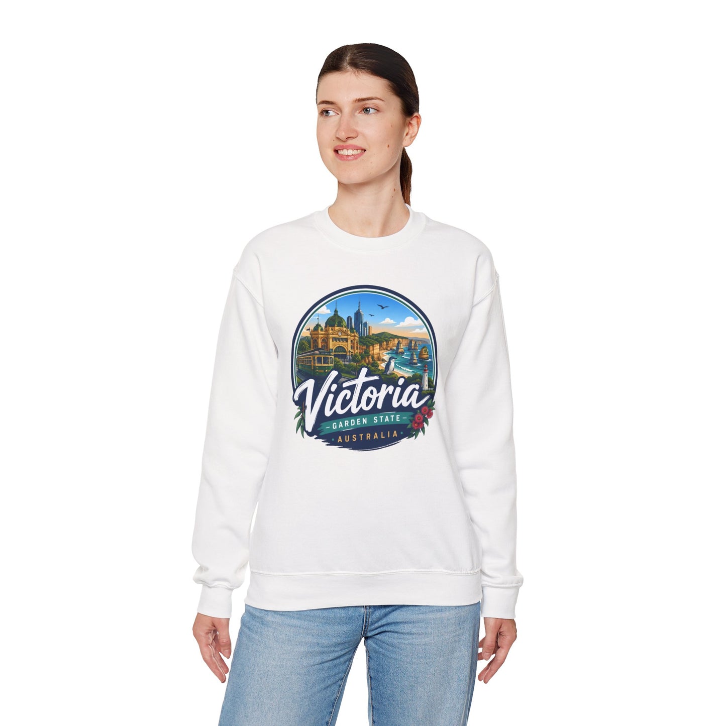 White vintage crewneck sweatshirt with Victoria Australia graphic at the chest