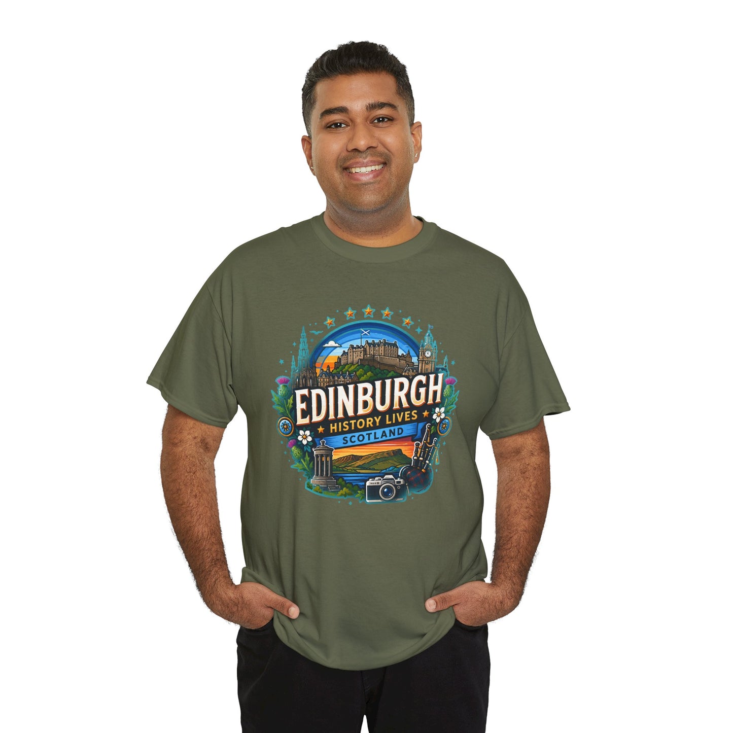 Forest green crew-neck T-shirt with "Edinburgh" illustrated front design