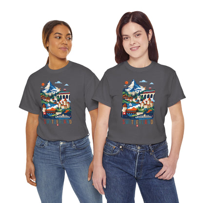 Charcoal gray T-shirt with colorful Switzerland mountain village graphic and “SWITZERLAND”