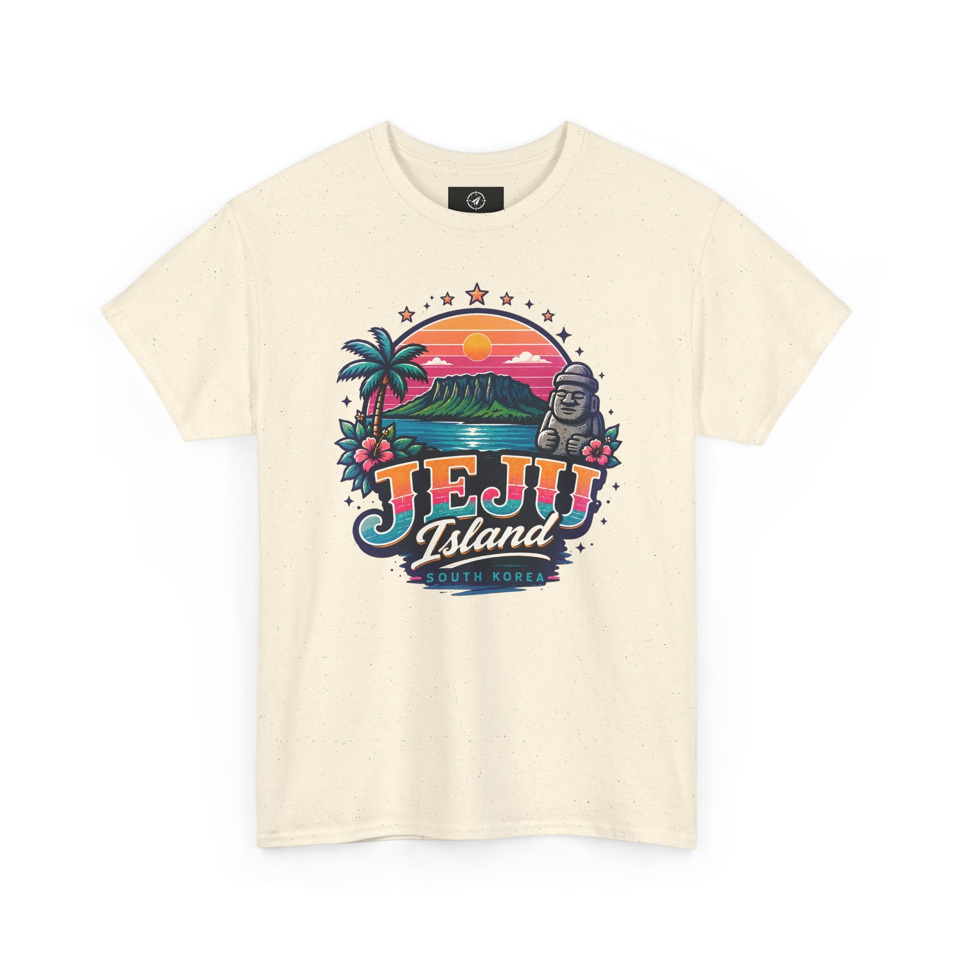 Cream t-shirt with colorful “JEJU Island” sunset logo and South Korea text graphic