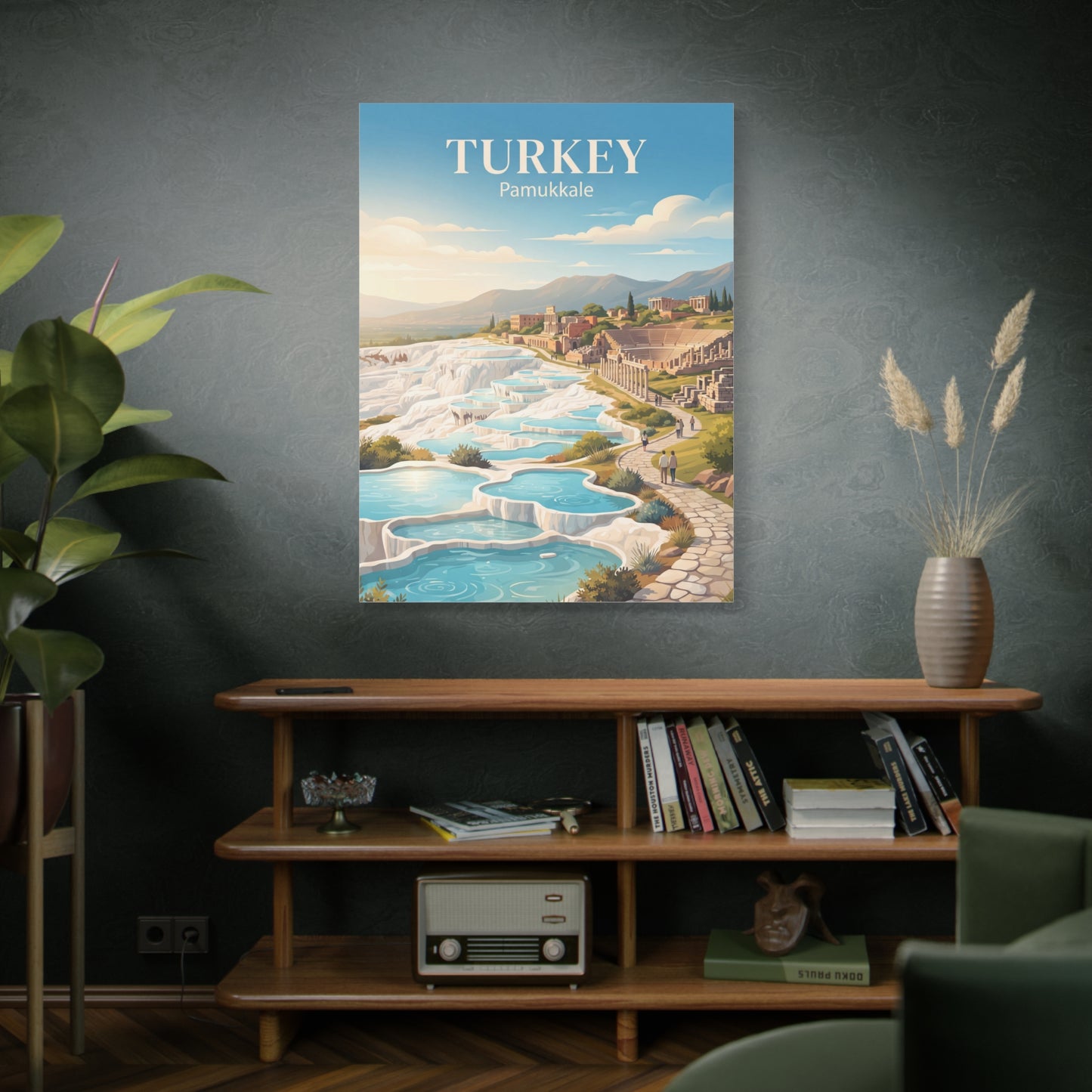 Vertical matte canvas wall art with Turkey Pamukkale pools, terraces, and stone path.