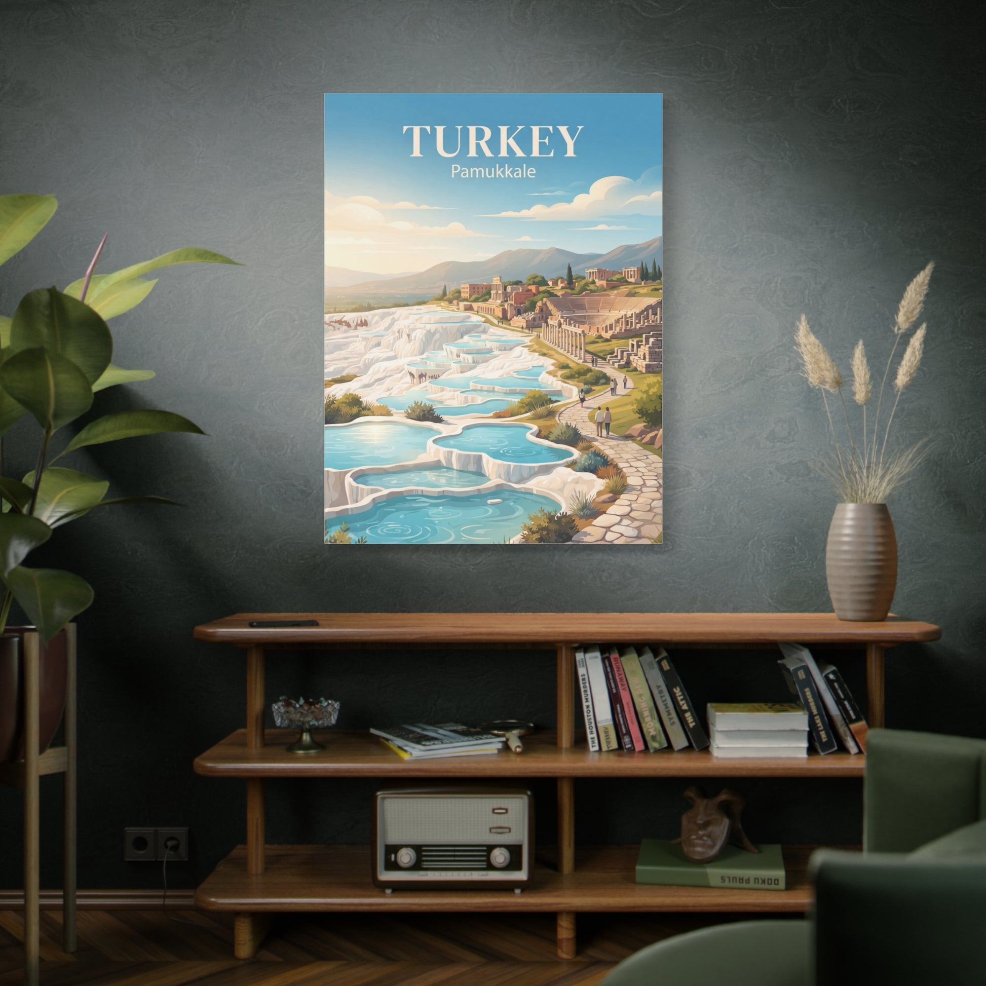 Vertical matte canvas wall art with Turkey Pamukkale pools, terraces, and stone path.