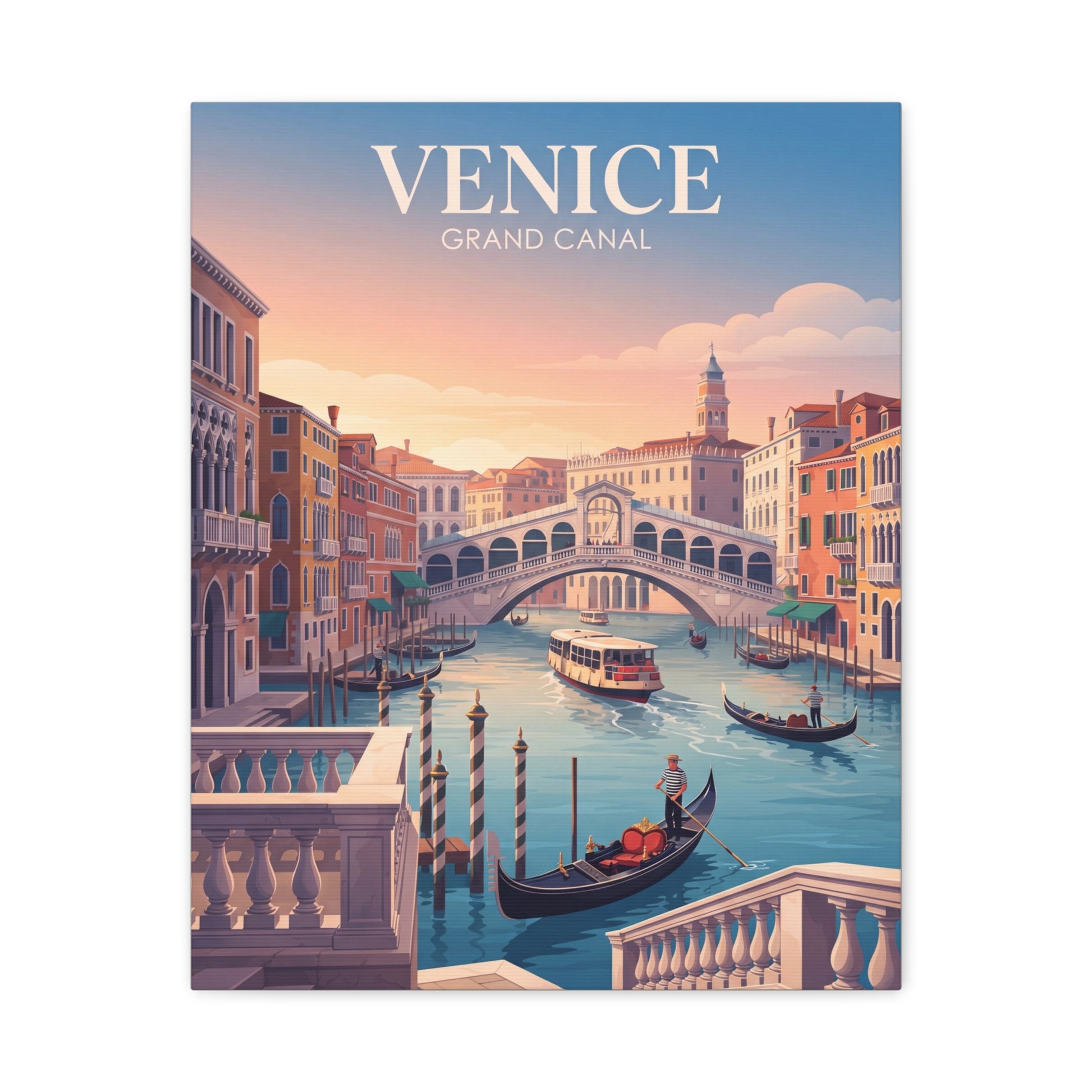 Venice canal matte canvas print with gondolas and stone balcony rail